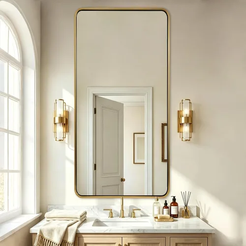 Vista 57 de Espejo de latón para baño, espejo rectangular redondeado de 22x30 pulgadas con marco de metal cepillado dorado, espejo de tocador de baño sin