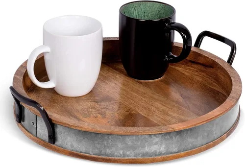 Vista 9 de BIRDROCK HOME Bandeja Grande Redonda de Madera para Servir con Asas y Acentos de Hierro - Bandeja Redonda de Barril para Sala de Estar, Cocina