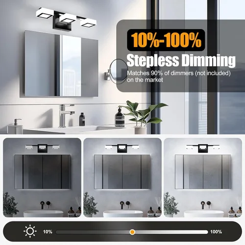 Vista 10 de Lámparas LED modernas para baño, 3 luces regulables con 5 modos de color, accesorios de iluminación de pared de baño acrílico negro mate sobre