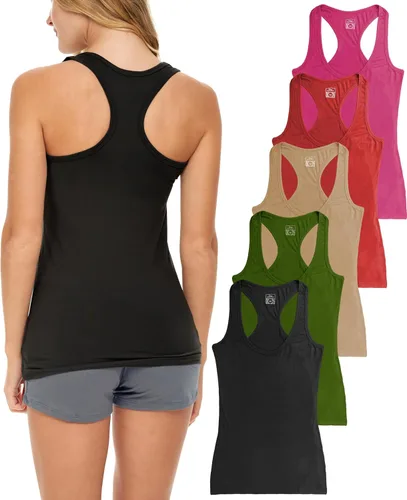 Vista 16 de Sexy Basics Paquete de 5 camisetas sin mangas PowerFlex con espalda nadadora para mujer / Camisetas sin mangas elásticas de algodón y elastano