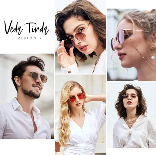 Vista 2 de Veda Tinda Vision Lentes de sol redondos pequeños vintage para mujer, clásicos, retro, con protección UV, cadena
