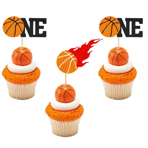 Vista 2 de Arthsdite 24 decoraciones de baloncesto para cupcakes con temática de baloncesto para el primer cumpleaños, decoración para tartas de temática