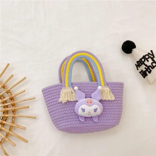 Vista 3 de Kuromi - Bolso de paja con borla para viajes de niños, Púrpura