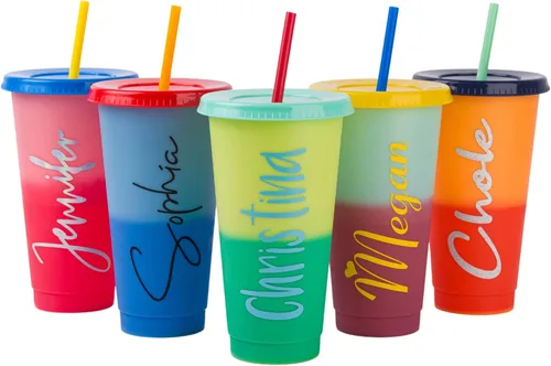 Vista 4 de Vasos que cambian de color con tapas y popotes, vasos de plástico reutilizables que cambian de color con tapa a prueba de salpicaduras, tazas que