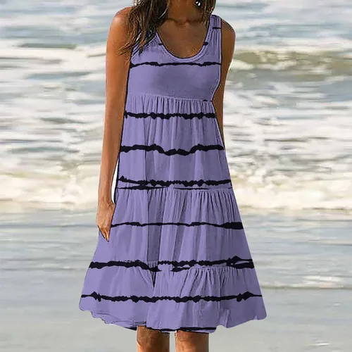 Vista 2 de Vestido midi con tirantes y estampado floral para mujer, vestido de verano sin mangas a rayas, vestido de playa fruncido con escalones, vestido