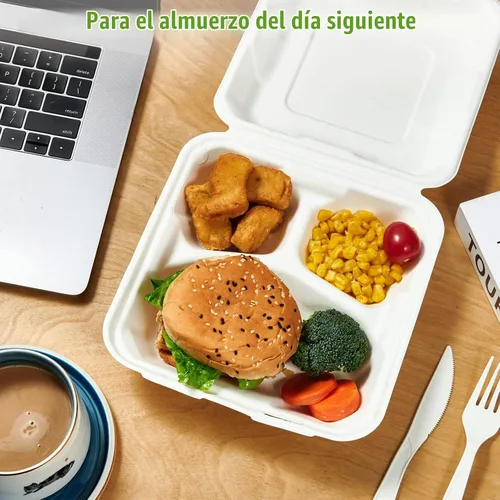 Vista 5 de Vplus Paquete de 300 Recipientes compostables para llevar con diseño de concha, de 20,3 x 20,3 cm, desechables y ecológicos, con 3 compartimentos