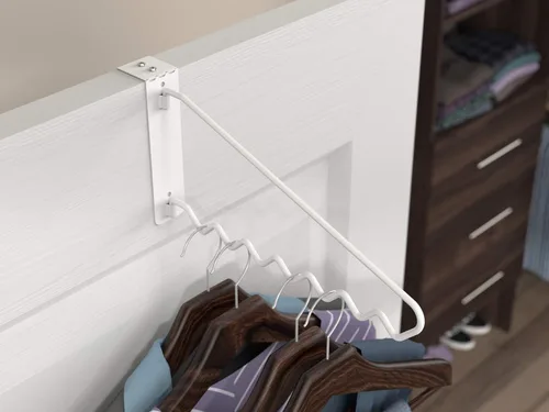 Vista 3 de ClosetMaid Barra de valet colgante para instalación en pared o puerta, accesorios incluidos, diseño plegable, acero duradero, color blanco