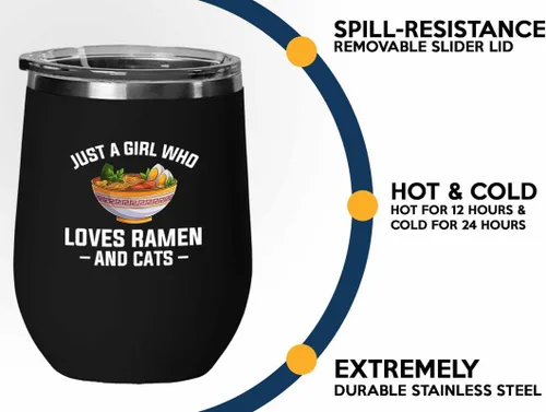 Vista 3 de Ramen Lover Black Edition Vaso de vino de 12 onzas – Just a girl who loves – Food Lovers pollo, calabaza, vegano, despensa, fideos picantes