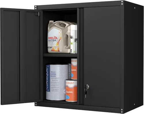 Vista 11 de Gabinete de almacenamiento de metal con cerradura, gabinete de pared de garaje de 12.8" H, almacenamiento de acero con puertas, organización