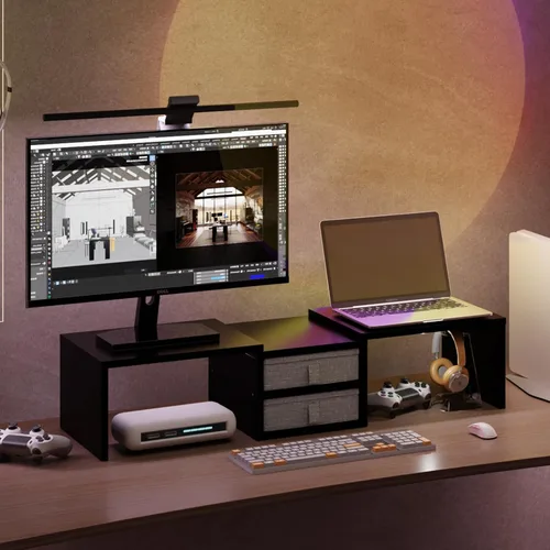 Vista 6 de TEAMIX Soporte para monitor dual con 2 cajones - Longitud y ángulo ajustables, elevador de monitor de 3 estantes con almacenamiento, organizador