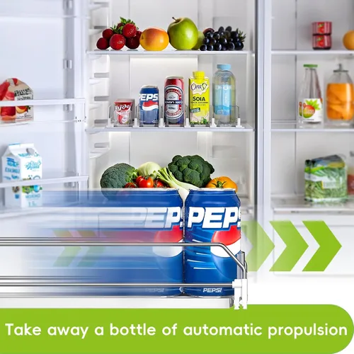 Vista 3 de Dispensador de latas de soda para refrigerador, organizador de bebidas autoempujante para nevera, organización de refrigerador de ancho ajustable