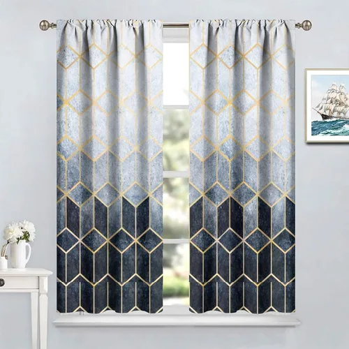 Vista 4 de YCness Cortinas de Mármol Geométricas, Azul Marino Dorado Geometría Abstracta Patrón Hexagonal Textura Tratamientos para Ventanas para Dormitorio