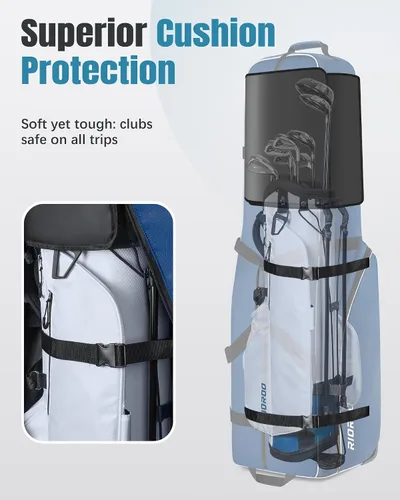 Vista 4 de Bolsas de viaje de golf RIOROO para aerolíneas con ruedas, funda de oxford 900D de lado blando, protección acolchada para palos, regalos de golf