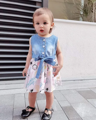 Vista 2 de Vestido de niña pequeña ropa de verano para niña vestido sin mangas vestido de mezclilla con flores lindos vestidos para niña
