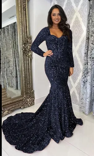 Vista 5 de Miao Duo Vestido de fiesta de sirena de manga larga para mujer con tren elástico brillante lentejuelas vestidos de noche formales YZTS090