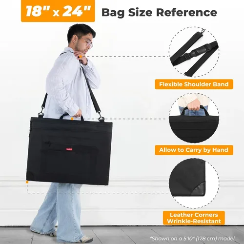 Vista 2 de Nicpro Bolsa de Portafolio de Arte Ligera, Estuche de Portafolio de Lona de Arte Negro de 18x24 pulgadas con Correa de Hombro Desmontable, Esquinas