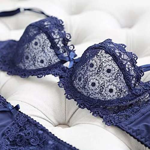 Vista 4 de Lefox Lumiere - Conjunto de brasier balconette sin forrar y bombachas de encaje para mujer