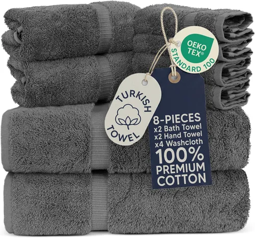 Vista 26 de Towel Bazaar Juego de toallas de 8 piezas, 100% algodón turco, color negro