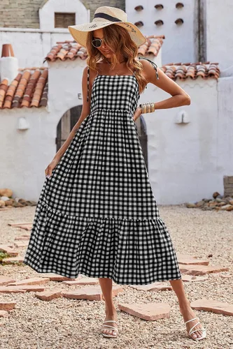 Vista 2 de PRETTYGARDEN Vestido de verano para mujer, a cuadros, con tirantes delgados, cuello cuadrado, con volantes y vuelo