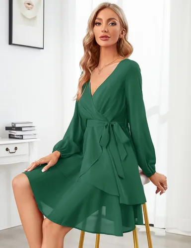 Vista 5 de KOJOOIN Vestidos de patinadora para mujer, sexy, cuello en V, manga corta, lazo en la cintura, con volantes, bohemio, con vuelo, mini vestido