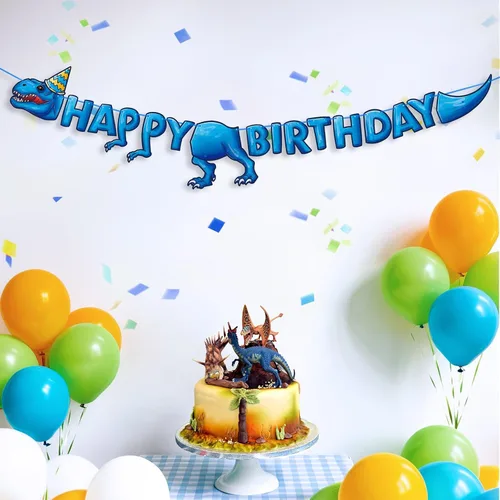 Vista 5 de WERNNSAI Cartel de fiesta de feliz cumpleaños – Cartel de cumpleaños de dinosaurio para decoración de fiesta de niños, suministros de decoración