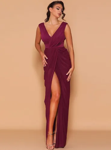 Vista 2 de GOEBAODEEN Vestidos largos de dama de honor con cuello en V para boda, vestido de noche formal de gasa plisada con abertura alta