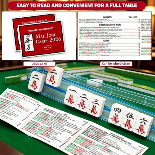 Vista 3 de Mahjong Rule Cards versión 2026 - Impresión grande y fácil de leer, paquete de 4 (rojo)