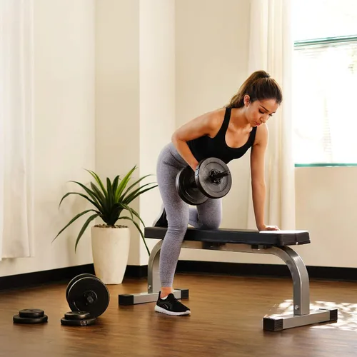 Vista 8 de Sunny Health & Fitness Juego de mancuernas de vinilo para ejercicio de 40 libras, pesas de mano para entrenamiento de fuerza, pérdida de peso, banco
