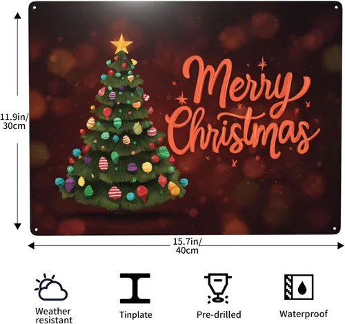 Vista 3 de Vintage Merry Christmas Metal Tin Plaque Sign, 12X16 Inch Retro Wall Art Print Poster Signs,Retro Oil Painting Styles, Ideal For Festive Home