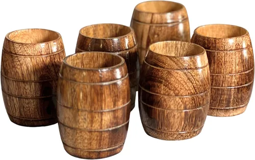 Vista 9 de collectiblesBuy Juego de 6 tazas de madera de mango hechas a mano, con forma de barril rústico, ecológicas, para té, café, cerveza, vino