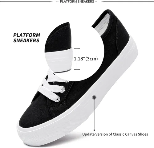 Vista 4 de Tenis de plataforma blanca para mujer zapatos de tenis con plataforma negra zapatos casuales de moda con cordones zapatos planos de lona para caminar