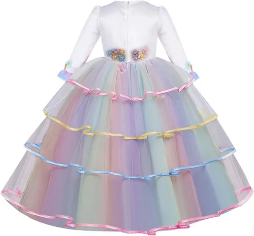 Vista 2 de WOCINL Vestido de princesa para niñas, de manga larga, arcoíris, fiesta, cumpleaños, boda, Navidad, Halloween, carnaval