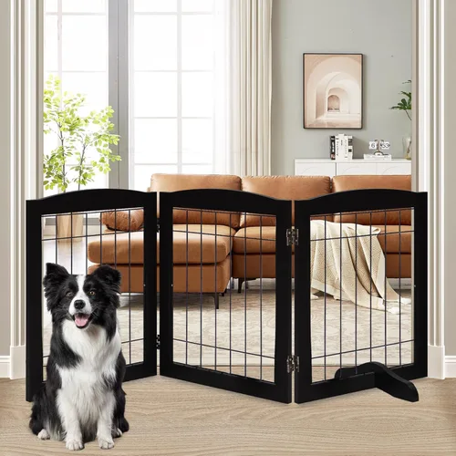 Vista 8 de LZRS Puerta plegable independiente de madera para perros de 2 paneles, madera maciza y alambre de acero, barrera para mascotas resistente a
