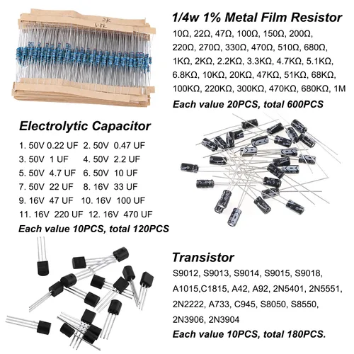 Vista 4 de Kit de 1400 piezas de componentes electrónicos básicos, condensador electrolítico, condensador cerámico, diodo LED, diodo común, resistencia