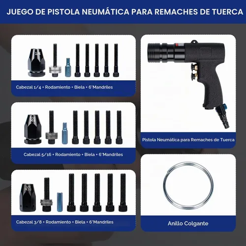 Vista 2 de Kit de herramientas de tuerca de remache de aire, pistola de remache neumática con mandriles de 1/4", 5/16" y 3/8