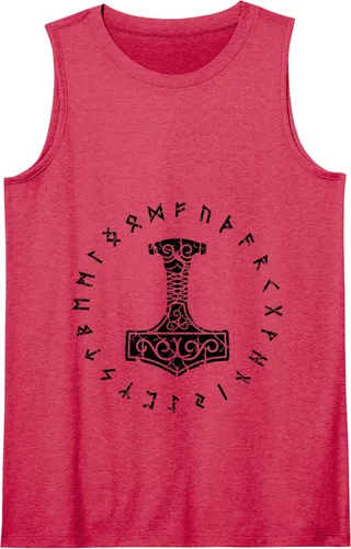 Vista 3 de Camiseta sin mangas vikingo nórdico Thors Hammer Mjolnir Elder Futhark Runes, Azul Blanco
