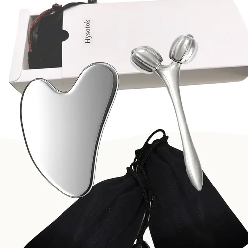Vista 7 de Herramientas faciales Gua Sha de acero inoxidable, rodillo facial y juego de Gua Sha para masaje facial, cuello, ojos, cuerpo, elevación de barbilla