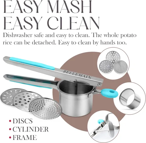 Vista 2 de Triturador de patatas Bellemain de 15 oz con 3 discos intercambiables, triturador de patatas de acero inoxidable, herramienta de cocina para puré