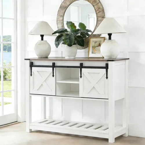 Vista 3 de Mesa de entrada de granja con puertas corredizas de granero, mesa consola de madera con estante de almacenamiento, mesa de sofá rústica para sala