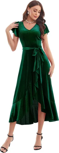 Vista 5 de Bbonlinedress Womens V-Neck Long Formal Velvet Dress Hi-Lo Ruffle Cocktail Party Wedding Guest Dress