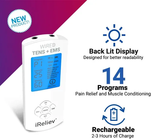 Vista 3 de Unidad iReliev TENS aprobada por la FDA + 14 modos de terapia, sistema de recuperación y alivio del dolor premium, recargable, pantalla grande