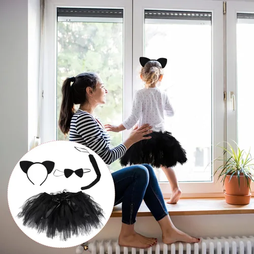 Vista 5 de NUOBESTY Diadema con orejas de gato para Halloween, disfraces de cosplay para niña, falda de gatito, diadema con lazo para fiesta (negro) talla M