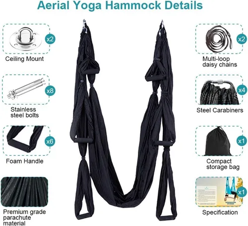 Vista 2 de Juego de hamaca aérea de yoga con 2 correas de extensiones y kit de montaje en techo, equipo para colgar inversión de yoga