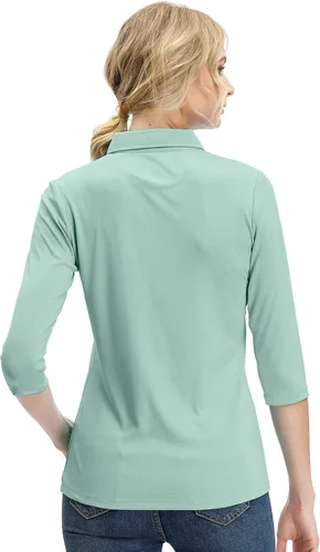 Vista 3 de Camisas de golf de manga 34 con cuello en V para mujer, absorben la humedad, camisetas de punto de rendimiento, fitness, entrenamiento, deportes
