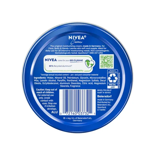 Vista 16 de NIVEA Crema hidratante para el cuerpo, la cara y las manos, fórmula alemana, rica crema hidratante corporal con provitamina B5, lata de 8.4 onzas