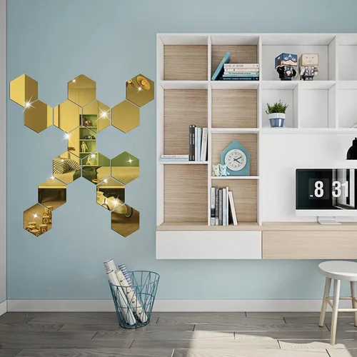 Vista 4 de Juego de calcomanías de pared para bricolaje, espejo hexagonal, decoración de sala de estar, dormitorio (dorado)