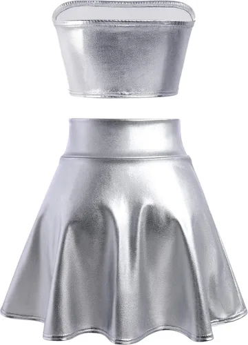 Vista 2 de IMEKIS Disfraz de extraterrestre metálico brillante para mujer, minifalda holográfica + diadema marciana, disfraz de rave para Halloween, cosplay