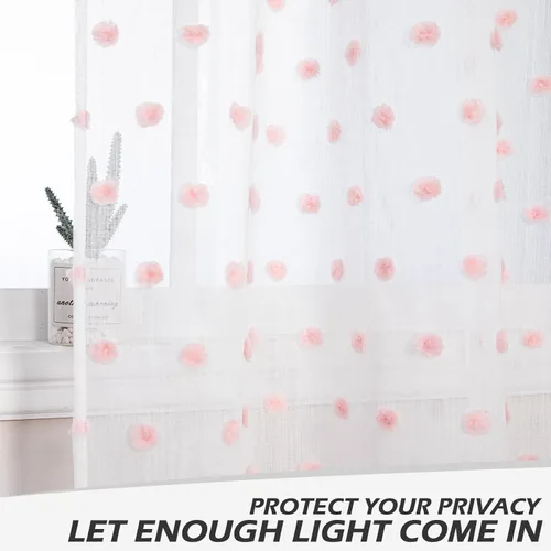 Vista 5 de MYSKY HOME Cortinas rosas para dormitorio de niñas, habitación de guardería, pompones para habitación de niñas y niños, cortinas traslúcidas blancas