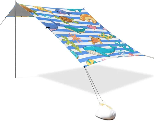 Vista 2 de Blue White Striped sea Animal Beach Cabana Tent UPF50+ Protection Water-Resistant Large Sun Shelter with Sandbags and Shovel for Camping, Picnics