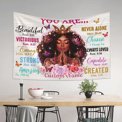 Vista 2 de QOQIOSOC Tapiz personalizado para mujer negra con nombre, tapiz para colgar en la pared de yoga afroamericano, meditación, tapiz para colgar